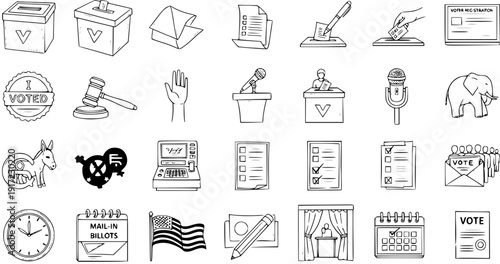 Hand-Drawn Election, Voting, and Political Process Icons Set: Doodle Sketch Line Art Collection for Democracy, Ballot, Campaign, and Government Themes