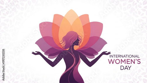 Empowered woman silhouette with vibrant lotus bloom, symbolizing strength, beauty, and global female celebration