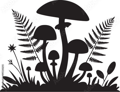 Black and white of mushrooms and ferns nature