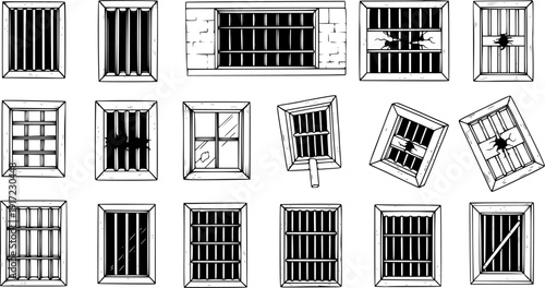Hand-drawn set of prison and jail windows with bars. Variety of styles including broken, cracked, and damaged designs, some showing escape attempts. Black and white sketch art illustrating 