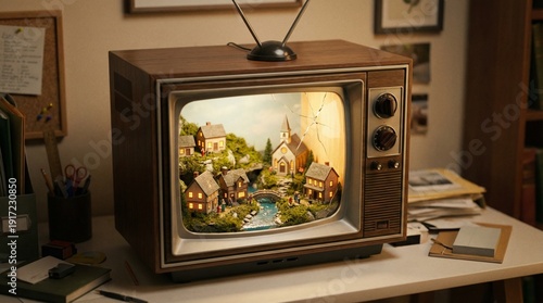 Vintage television displaying a miniature idyllic village scene nostalgia and retro technology concept detailed diorama on desk