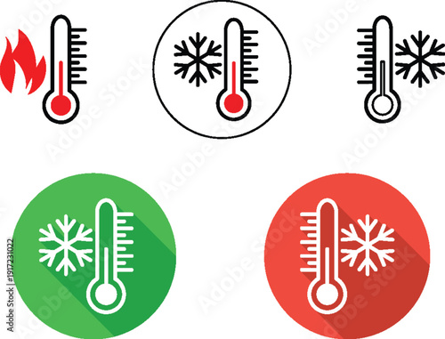 Temperature Thermometer Icons Set Showing Hot and Cold Weather Symbols for Climate and HVAC