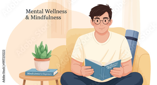 Man Reading Book on Mental Wellness & Mindfulness, Relaxing on Sofa with Plant
