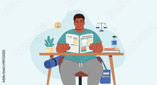 Man Sitting At Desk Reading A Book And Drinking Water With Yoga Mat And Scales