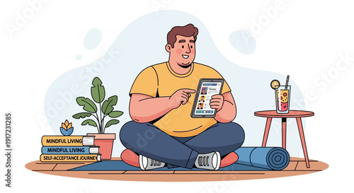 A Person Sitting on a Yoga Mat Using a Tablet with a Healthy Lifestyle Visual