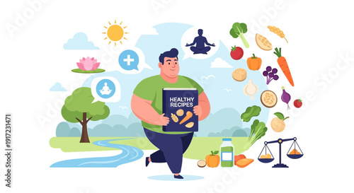 Healthy lifestyle concept with fat man running with healthy recipes book