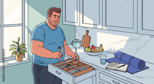 A man organizing cutlery in a kitchen drawer, with a yoga mat and book nearby