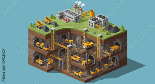 Isometric Cross-Section of a Mining Operation with Underground Tunnels and Surface Buildings.
