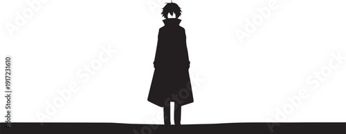 Black silhouette of a mysterious man in a long coat standing against a white background, a lonely male figure in a trench coat anime style vector illustration