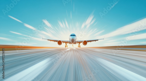 Airplane landing on runway with motion blur effect under clear blue sky creating dynamic speed feeling