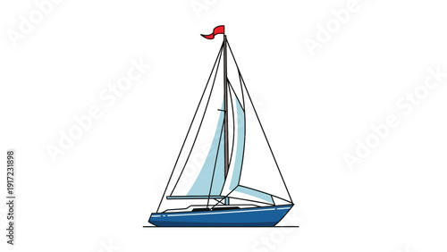 Blue sailboat illustration with light blue sails and a small red flag on the mast
