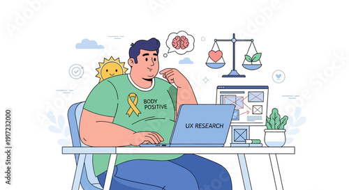 UX Research A Man Working On His Laptop with Brain and Balance Symbols