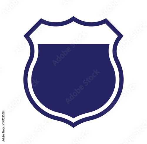 Shield shaped highway road sign icon in blue and white colors