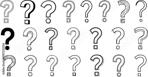 Collection of Hand-Drawn Question Marks in Various Sketch Styles, Black Outlines and Solid, Depicting Uncertainty and Inquiry