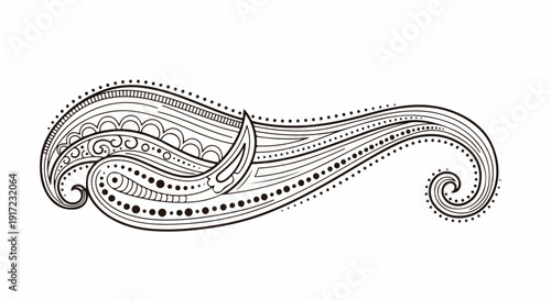 Black and white illustration of an ornate, swirling design element with dots and lines on a plain white background.