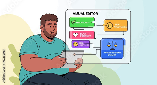 Man with tablet managing healthy lifestyle balance and wellness goals online