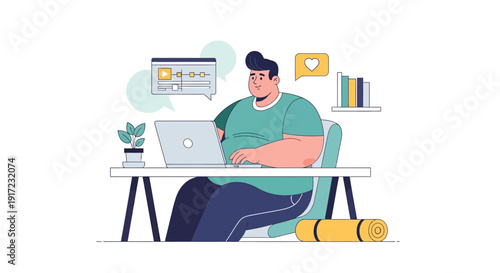 Illustration of a person working on a laptop with a yoga mat nearby