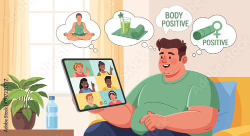 A plus-size man participates in a positive, health-conscious online meeting