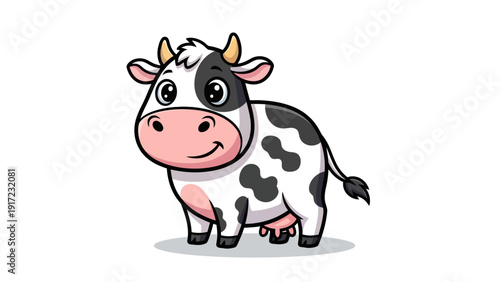 Cartoon black and white spotted cow with pink snout smiling on white background