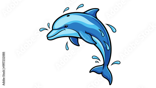 Cartoon blue dolphin leaping from water with splashes against a white background