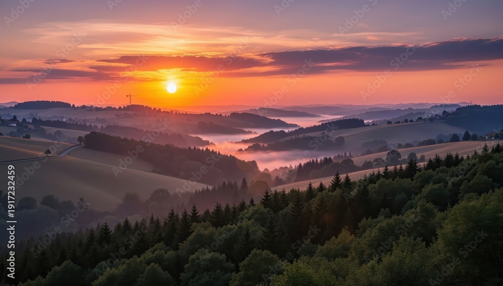 Fototapeta premium Golden Sunset Over Rolling Hills: A breathtaking landscape unfolds as the sun dips below the horizon, painting the sky with fiery hues and casting a warm glow over undulating hills and lush forests.
