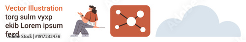 Remote work, cloud storage, technology, digital networks, collaboration, online connectivity. A woman working, a cloud graphic and a network icon. Remote work and cloud storage concept