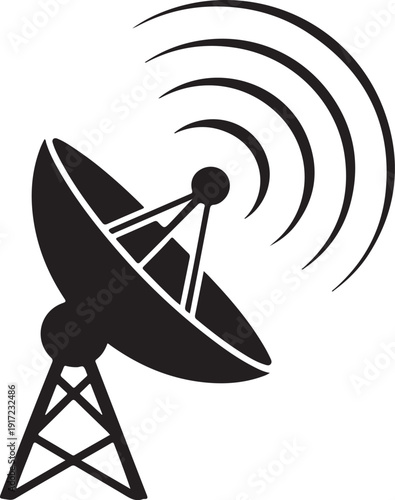 Black and white satellite dish with signal waves communication