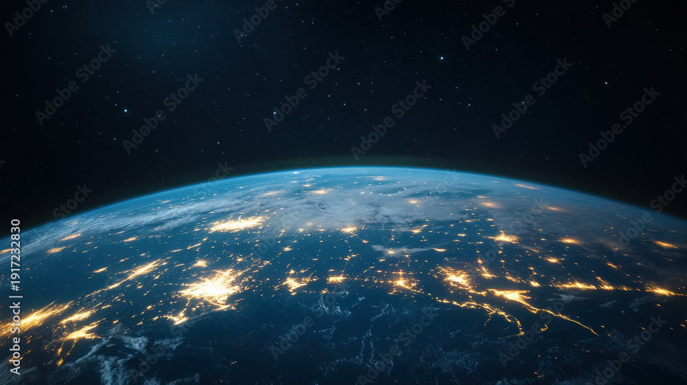Obraz premium Earth at night with glowing city lights and starry sky, showing beautiful view of illuminated urban areas and natural clouds