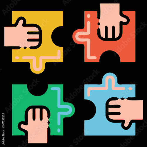 Dynamic vector illustration demonstrating effective teamwork as diverse hands connect colorful puzzle pieces, symbolizing collaboration, problem-solving, and unity for shared success
