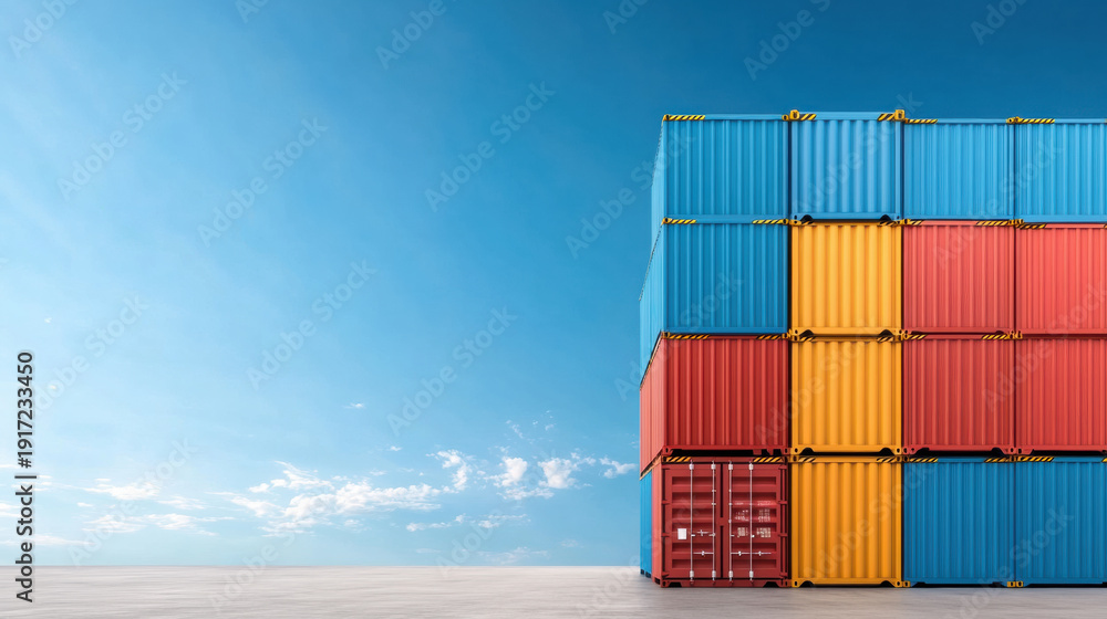 Fototapeta premium Stack of colorful shipping containers in red, blue, and yellow stacked outdoors under clear blue sky with scattered clouds