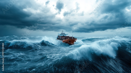 Stormy sea waves crashing against large cargo ship under dark cloudy sky, creating dramatic and intense maritime scene