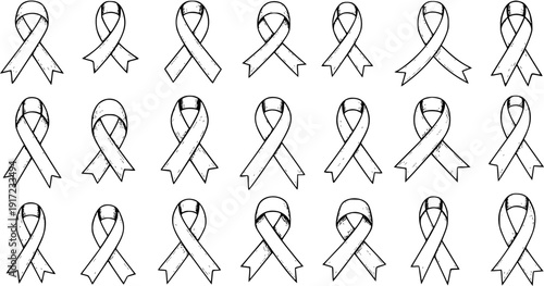 Hand-drawn seamless pattern of outline awareness ribbons. Black and white vector illustration symbolizing support, charity, and hope for health causes and social issues on a white background.