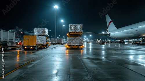 Cargo plane loading at night with trucks carrying large wrapped pallets on wet tarmac under bright lights, showing busy airport logistics activity