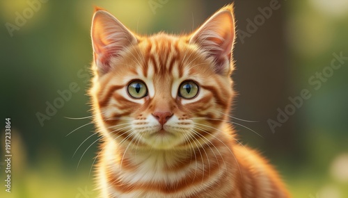 Wallpaper Mural Golden-hued feline Portrait: A captivating portrait of a ginger cat, its eyes gleaming with curiosity and charm, is set against a serene backdrop of soft, blurred foliage. Torontodigital.ca