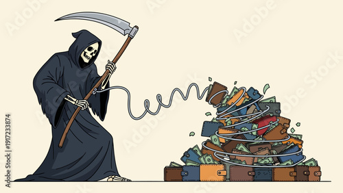 Grim Reaper holds scythe attached by a cord to a pile of wallets and cash