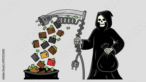 Grim Reaper holds scythecord wallets and cash fall into a bag