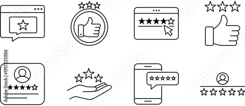 Linear Web Feedback Icon Set, Rating, Testimonial, Comment, Like, Recommendation Line Icons, Editable Stroke