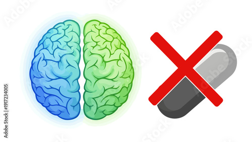 Illustration of a blue and green brain adjacent to a gray capsule crossed out with a red X