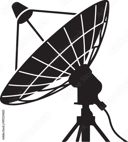 Black and white satellite dish with tripod and cable