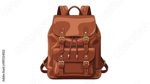 Illustration of a brown leather buckle closure backpack on a white background