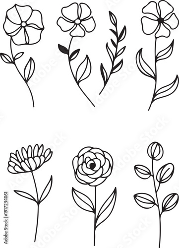 Six minimalist black and white line art illustrations depict various flowers, leaves, and plant stems, presented as an asset within an Adobe Stock upload interface.