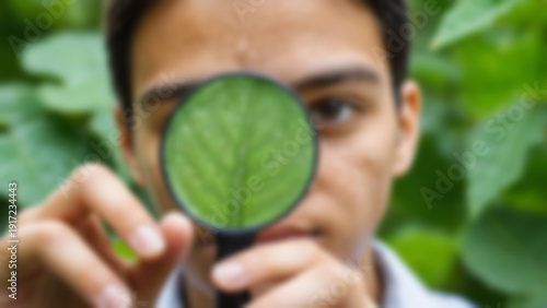 Wallpaper Mural Blurred background of Sustainability student holding a magnifying glass to examine microscopic leaf textures with visible veins and tiny water droplets, botanical garden background softly blurred. Torontodigital.ca