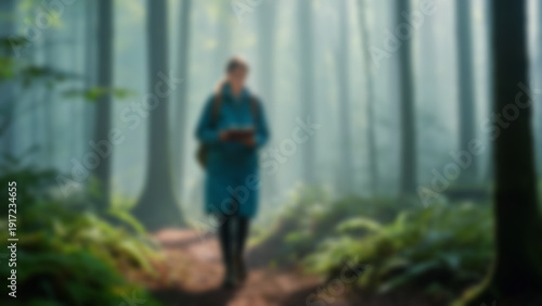 Wallpaper Mural Blurred background of Female environmental researcher walking slowly through misty woodland while documenting species in notebook, dense forest with light rays cutting through fog, cool bluish morning Torontodigital.ca