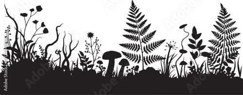Black and white silhouette of forest plants and mushrooms
