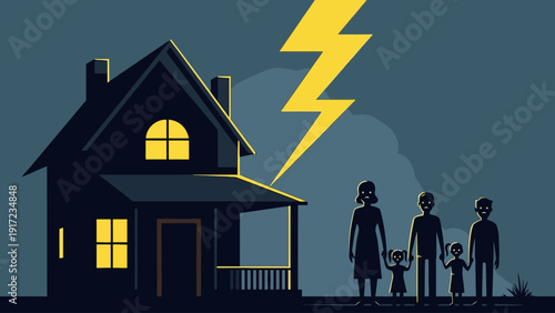 Dark house silhouette family figures and a bright yellow lightning bolt