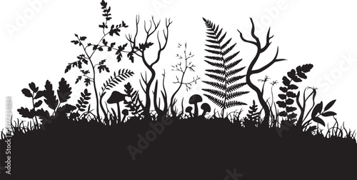 Black and white silhouette of forest plants and mushrooms