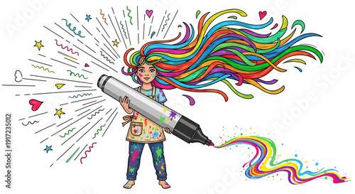 Vibrant artist girl creates colorful art with giant marker