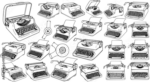 Vintage Typewriter Mania: A Retro Collection of Mechanical Writing Icons in Vector Line Art