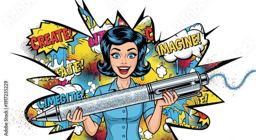 Vibrant woman holding glittering rocket with pop art explosion