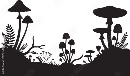 Black and white silhouette of mushrooms and forest plants